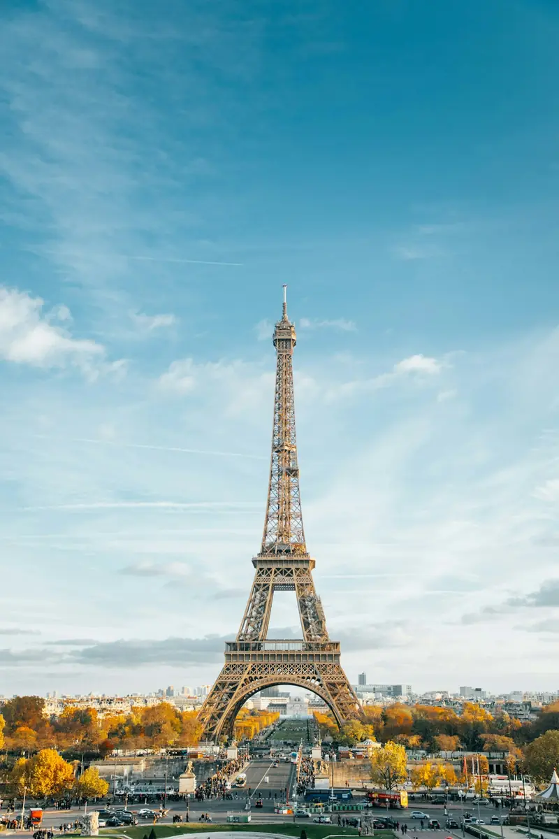 The Eiffel Tower above the rooftops of Paris, France