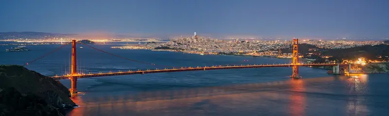 Golden Gate Bridge and the San Francisco skyline at blue hour